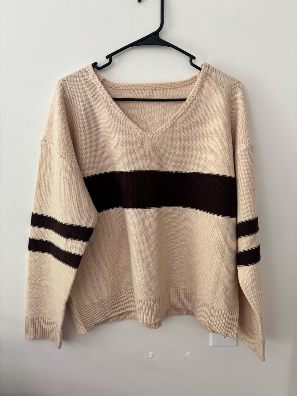 Beige V-Neck Stripe Sweater